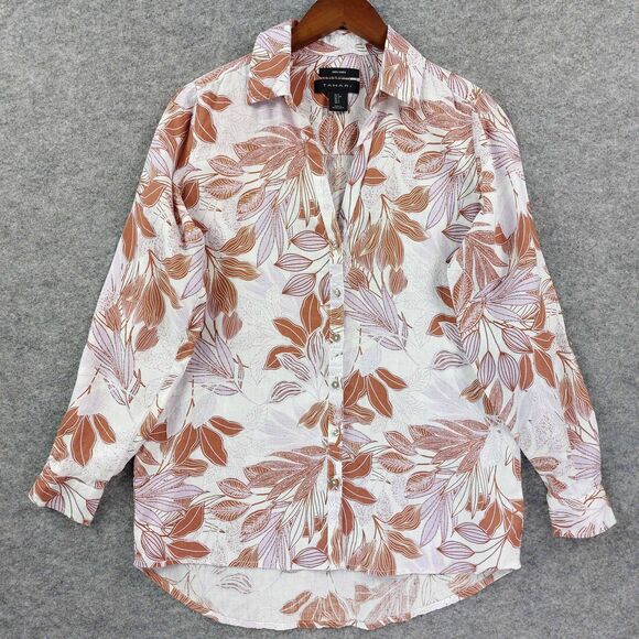 Tahari Shirt Womens Small Linen Button Up Long Sleeve Floral Leaf Top Blouse - Picture 1 of 7
